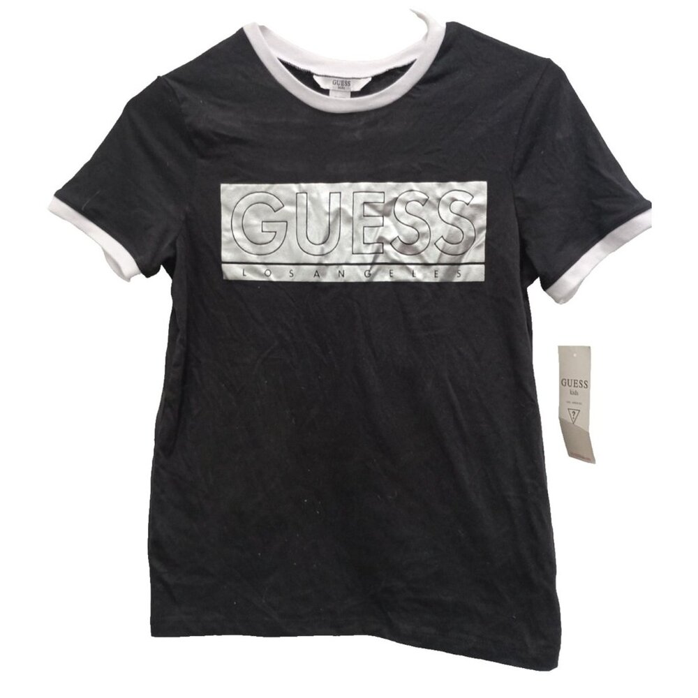 Guess Kids T-Shirt Girls Medium‎ Black Spellout Logo Short Sleeve Casual NWT